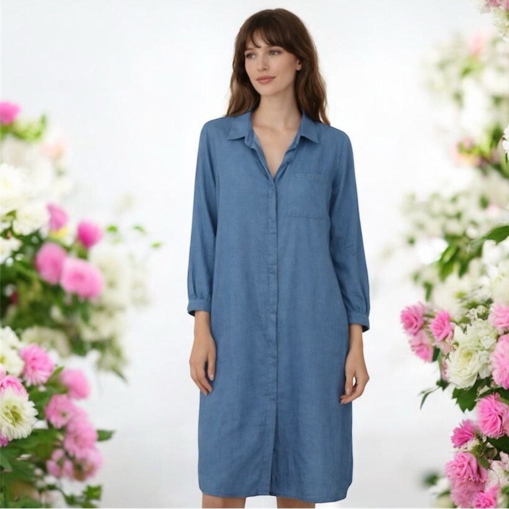 Linen Shirt Dress Button Front Pocket Comfort Casual Chambray Blue Size Small